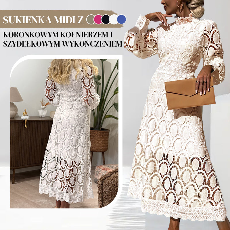 🛍️ Sukienka Midi z Koronkowym Szyjką i Szydełkowym Wykończeniem dla Kobiet
