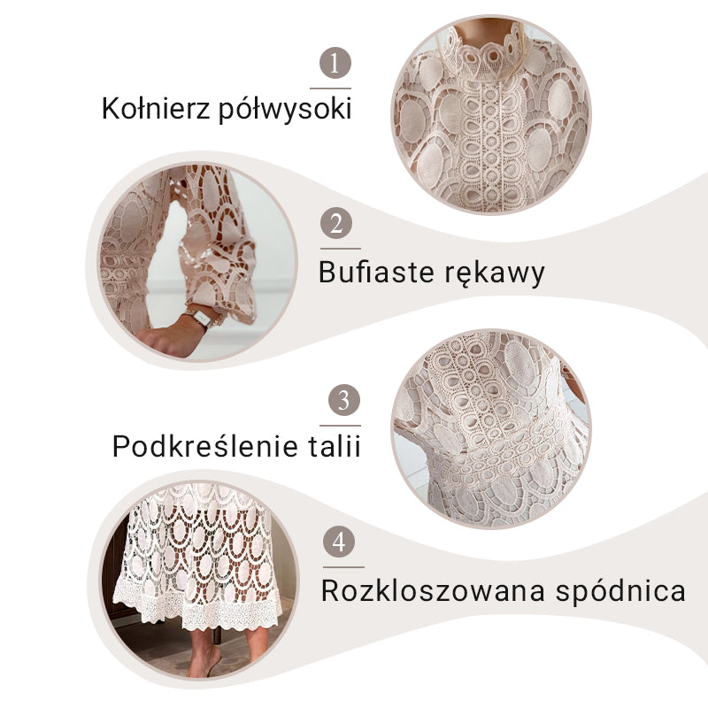 🛍️ Sukienka Midi z Koronkowym Szyjką i Szydełkowym Wykończeniem dla Kobiet