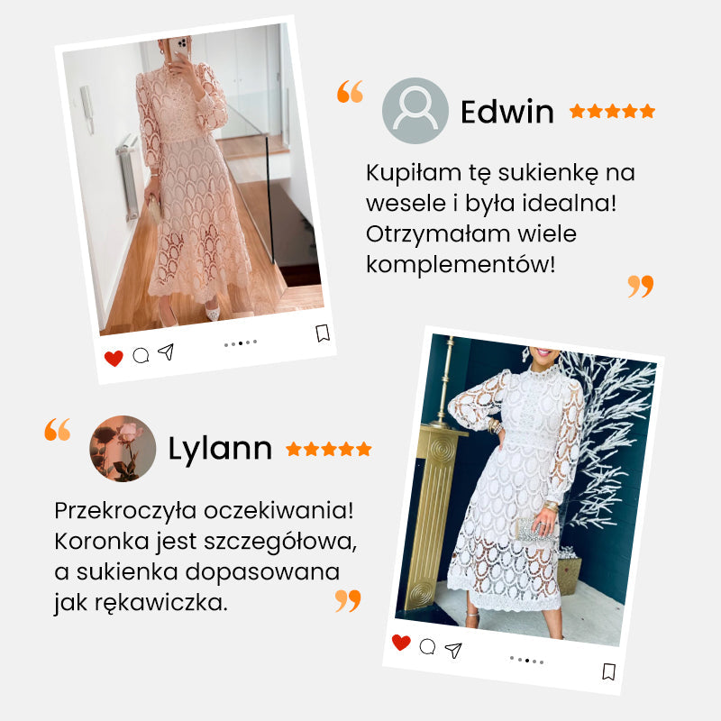 🛍️ Sukienka Midi z Koronkowym Szyjką i Szydełkowym Wykończeniem dla Kobiet