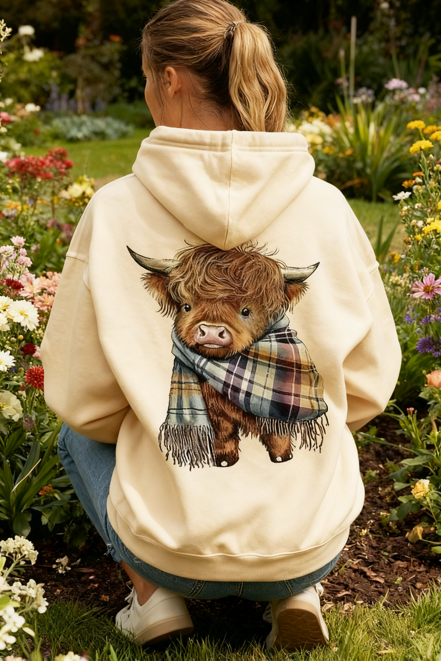 Hanorac drăguț cu glugă și căptușeală din fleece, cu motivul vacă Highland