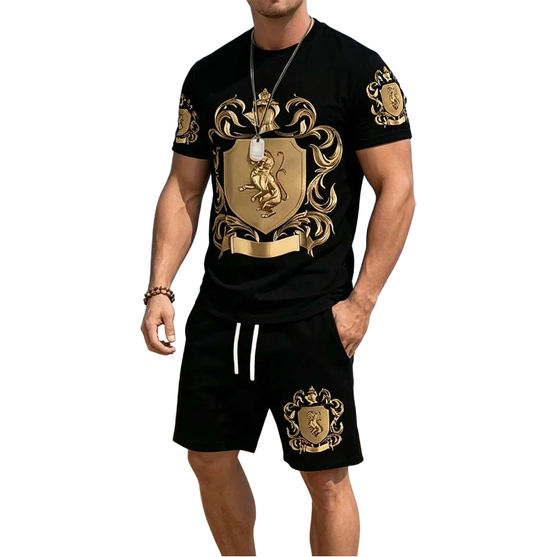 👕 Set tricou + pantaloni scurți cu imprimeu Gold Crest – stil premium pentru zilele tale de vară.