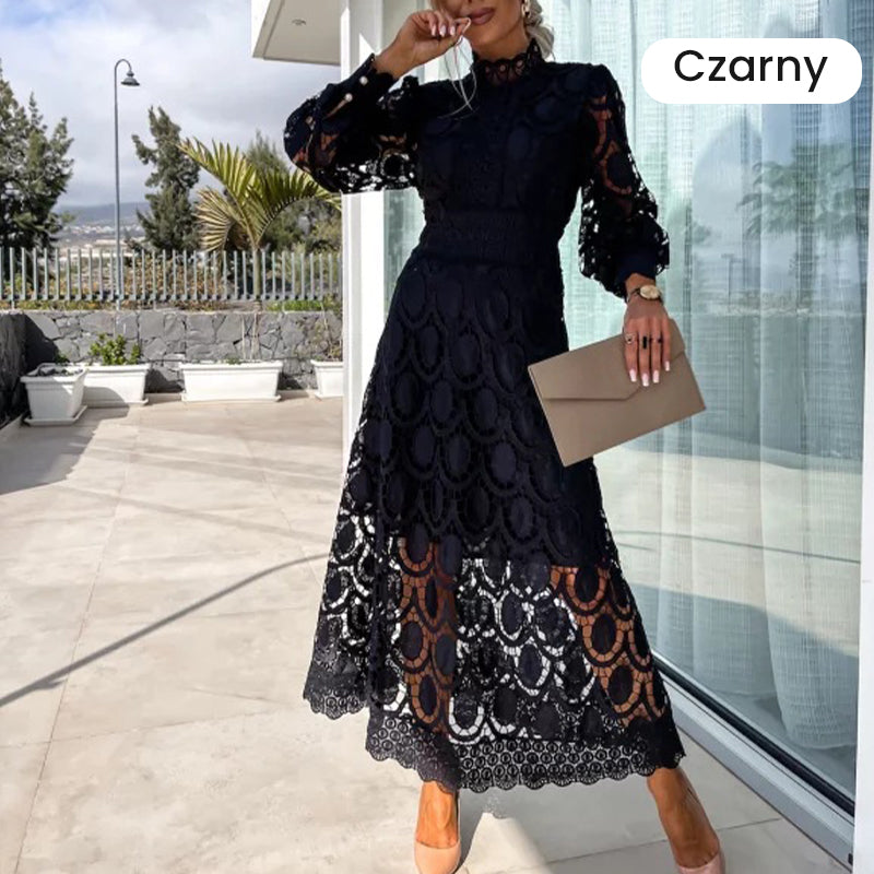 🛍️ Sukienka Midi z Koronkowym Szyjką i Szydełkowym Wykończeniem dla Kobiet