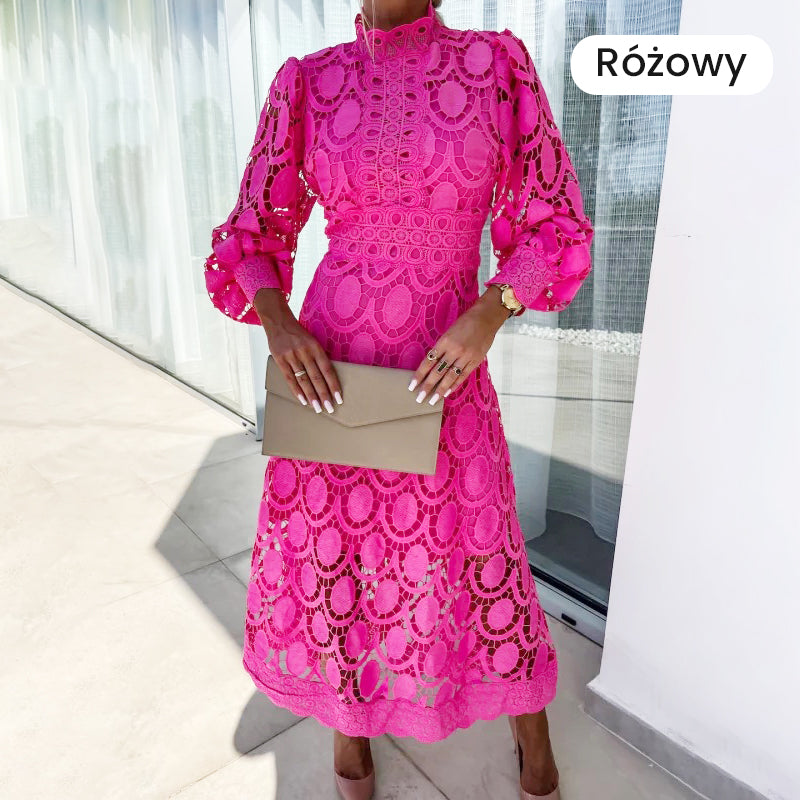 🛍️ Sukienka Midi z Koronkowym Szyjką i Szydełkowym Wykończeniem dla Kobiet