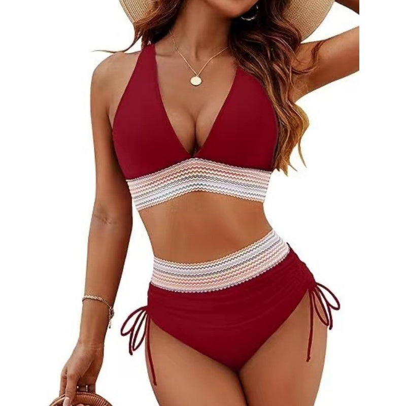 Bikini bikinis cu talie înaltă, bretele reglabile și blocuri de culori