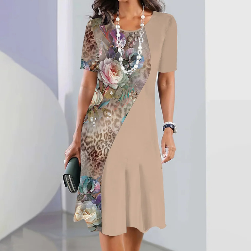 Femei elegant florale imprimare rotund gât rochie