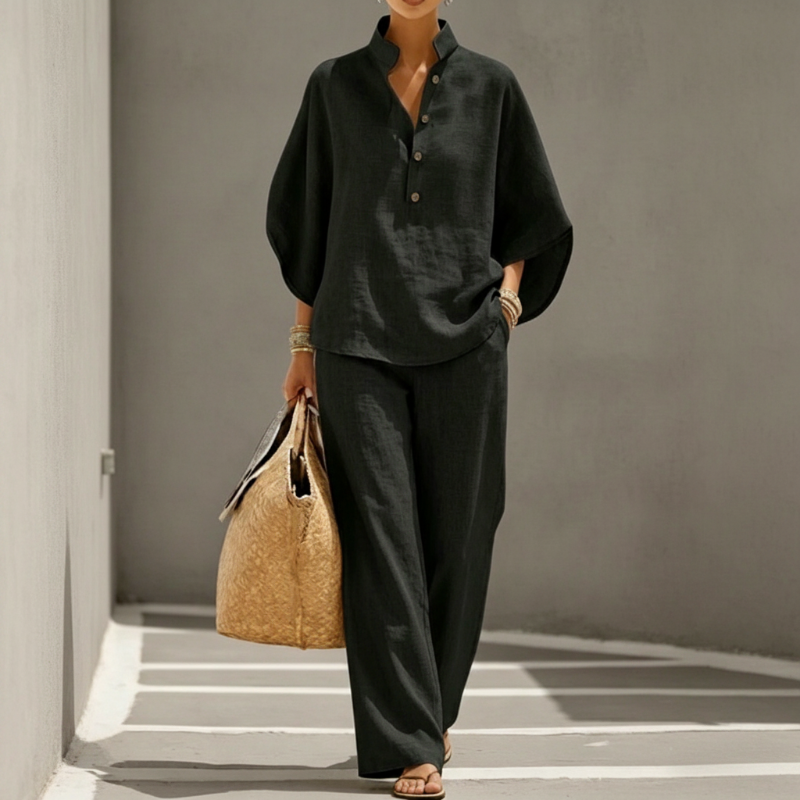 👚 Set femei – bluză cu guler ridicat + pantaloni largi. Elegant și confortabil, potrivit pentru birou sau evenimente. ✨ Plată la livrare!