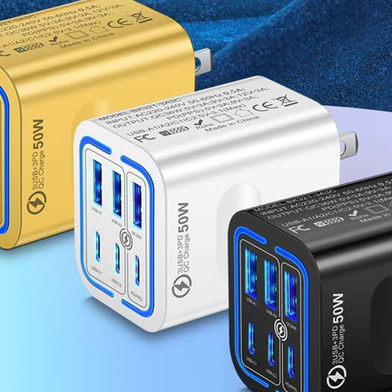 🔥 Super încărcător 50W cu 6 porturi – 3 USB‑C + 3 USB‑A. Încarcă telefon, tabletă, laptop simultan. ✅ Plată la livrare!