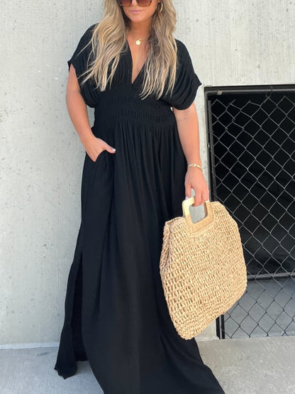 💃 Rochie ultra-lungă cu croială casual – decolteu în V, fante laterale, stil elegant și confortabil. ✨ Plată la livrare!