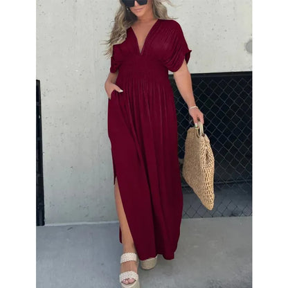 💃 Rochie ultra-lungă cu croială casual – decolteu în V, fante laterale, stil elegant și confortabil. ✨ Plată la livrare!