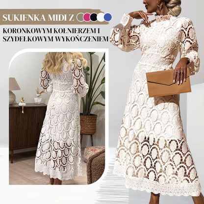 🛍️ Sukienka Midi z Koronkowym Szyjką i Szydełkowym Wykończeniem dla Kobiet