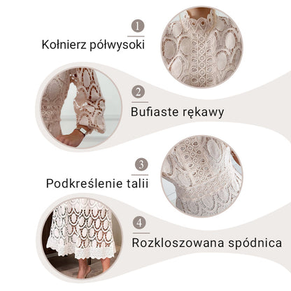 🛍️ Sukienka Midi z Koronkowym Szyjką i Szydełkowym Wykończeniem dla Kobiet