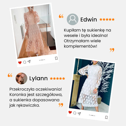🛍️ Sukienka Midi z Koronkowym Szyjką i Szydełkowym Wykończeniem dla Kobiet