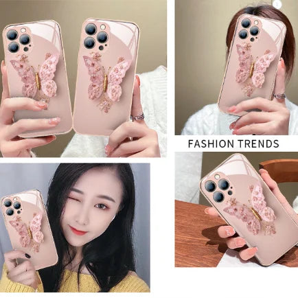 Flat 3D Butterfly Pattern Butterfly Glass Case compatibil cu iPhone