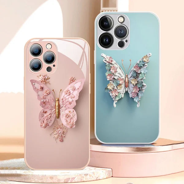 Flat 3D Butterfly Pattern Butterfly Glass Case compatibil cu iPhone