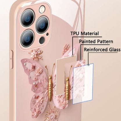 Flat 3D Butterfly Pattern Butterfly Glass Case compatibil cu iPhone
