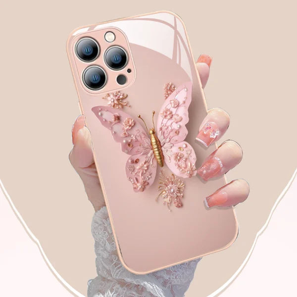 Flat 3D Butterfly Pattern Butterfly Glass Case compatibil cu iPhone