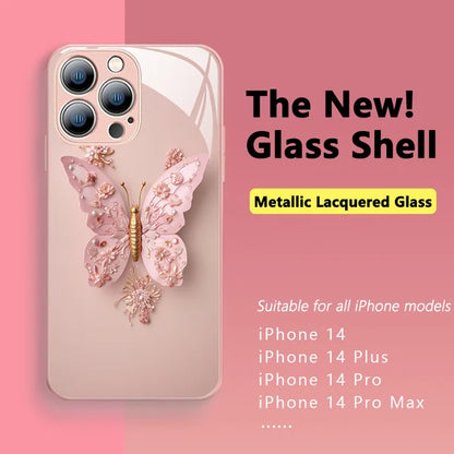 Flat 3D Butterfly Pattern Butterfly Glass Case compatibil cu iPhone