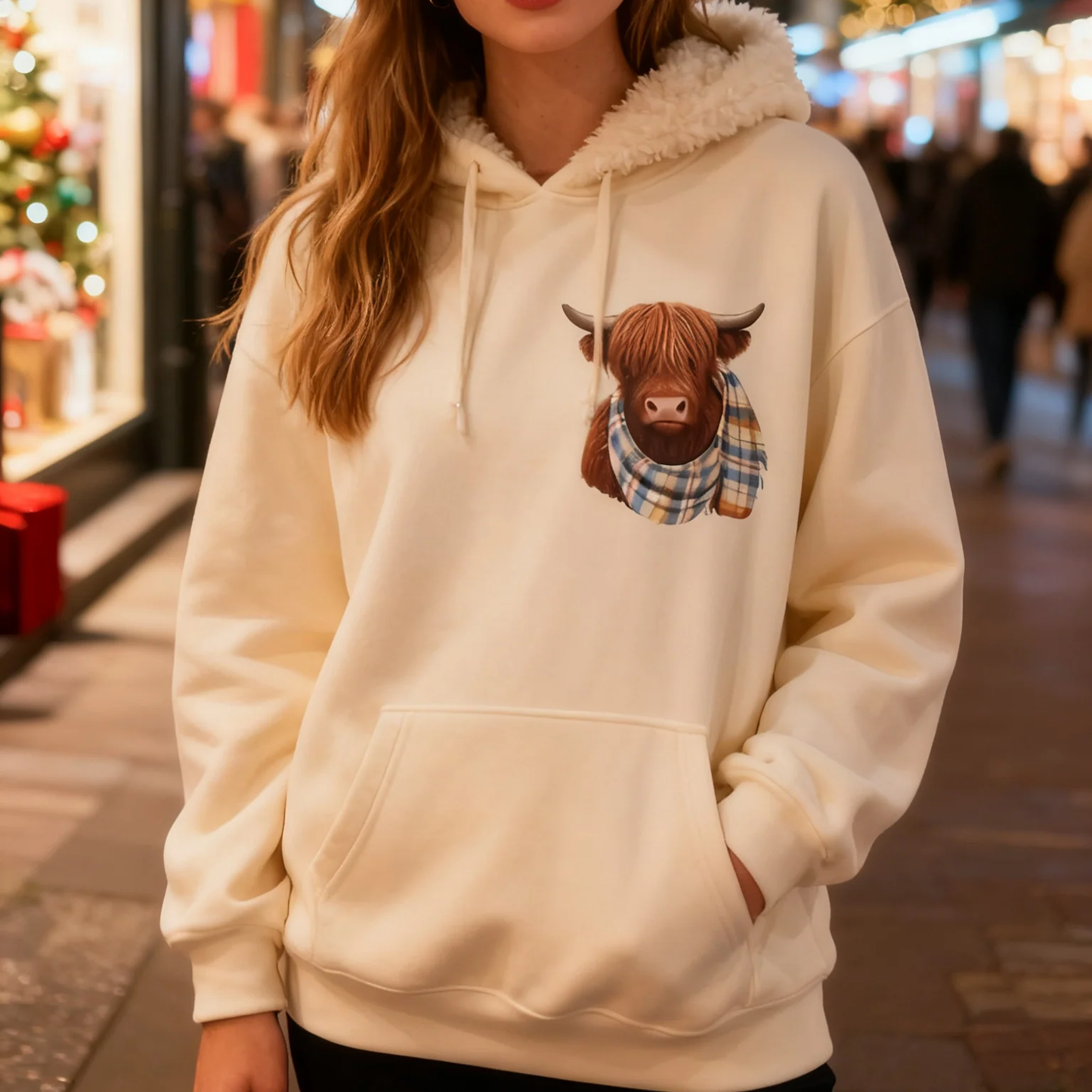 Hanorac drăguț cu glugă și căptușeală din fleece, cu motivul vacă Highland