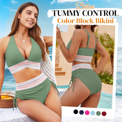 Bikini bikinis cu talie înaltă, bretele reglabile și blocuri de culori