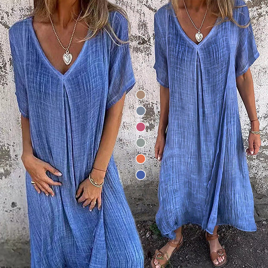 🔥 OFERTĂ LIMITATĂ! Rochie maxi lejeră, cu decupaj în V – elegantă și confortabilă. Livrare rapidă în România!