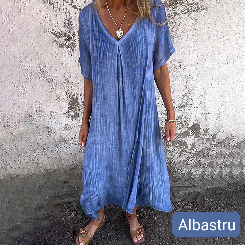 🔥 OFERTĂ LIMITATĂ! Rochie maxi lejeră, cu decupaj în V – elegantă și confortabilă. Livrare rapidă în România!