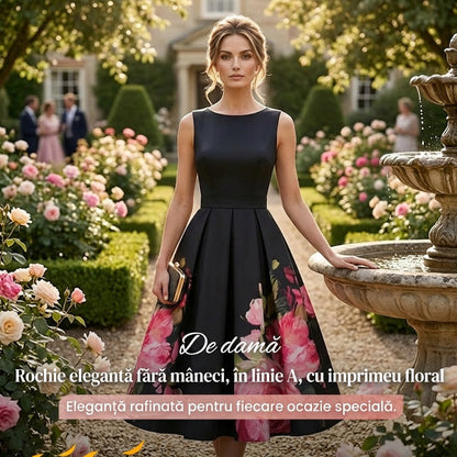 🌸 Rochie midi elegantă – croi în A, fără mâneci, imprimeu floral. ❤️ Plată la livrare. Adaugă în coș!
