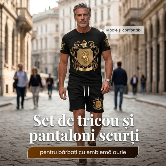 👕 Set tricou + pantaloni scurți cu imprimeu Gold Crest – stil premium pentru zilele tale de vară.