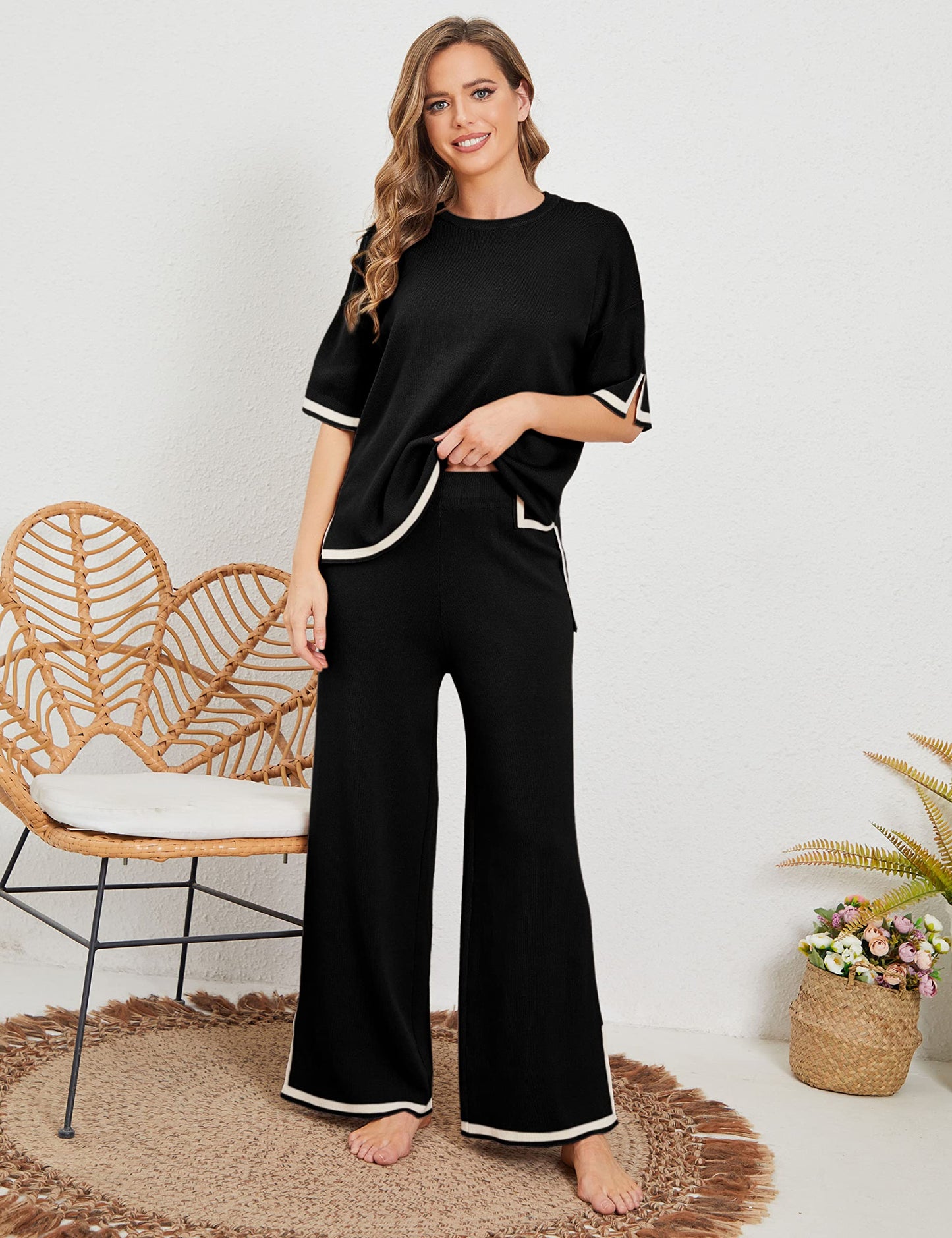 🔥 Set 2 piese – top tricotat + pantaloni largi. Lejer, respirabil, potrivit pentru plimbări, acasă sau vacanțe. ✅ Plată la livrare!