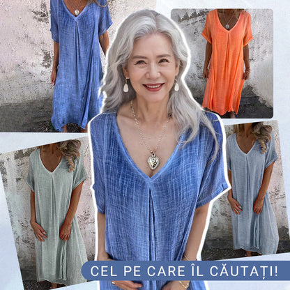 🔥 OFERTĂ LIMITATĂ! Rochie maxi lejeră, cu decupaj în V – elegantă și confortabilă. Livrare rapidă în România!