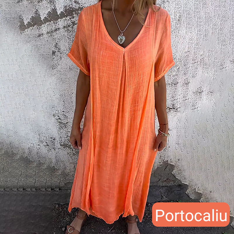 🔥 OFERTĂ LIMITATĂ! Rochie maxi lejeră, cu decupaj în V – elegantă și confortabilă. Livrare rapidă în România!