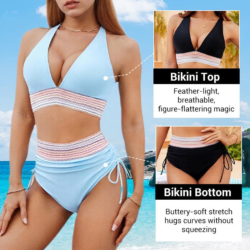 Bikini bikinis cu talie înaltă, bretele reglabile și blocuri de culori