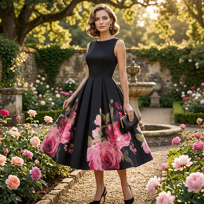 🌸 Rochie midi elegantă – croi în A, fără mâneci, imprimeu floral. ❤️ Plată la livrare. Adaugă în coș!