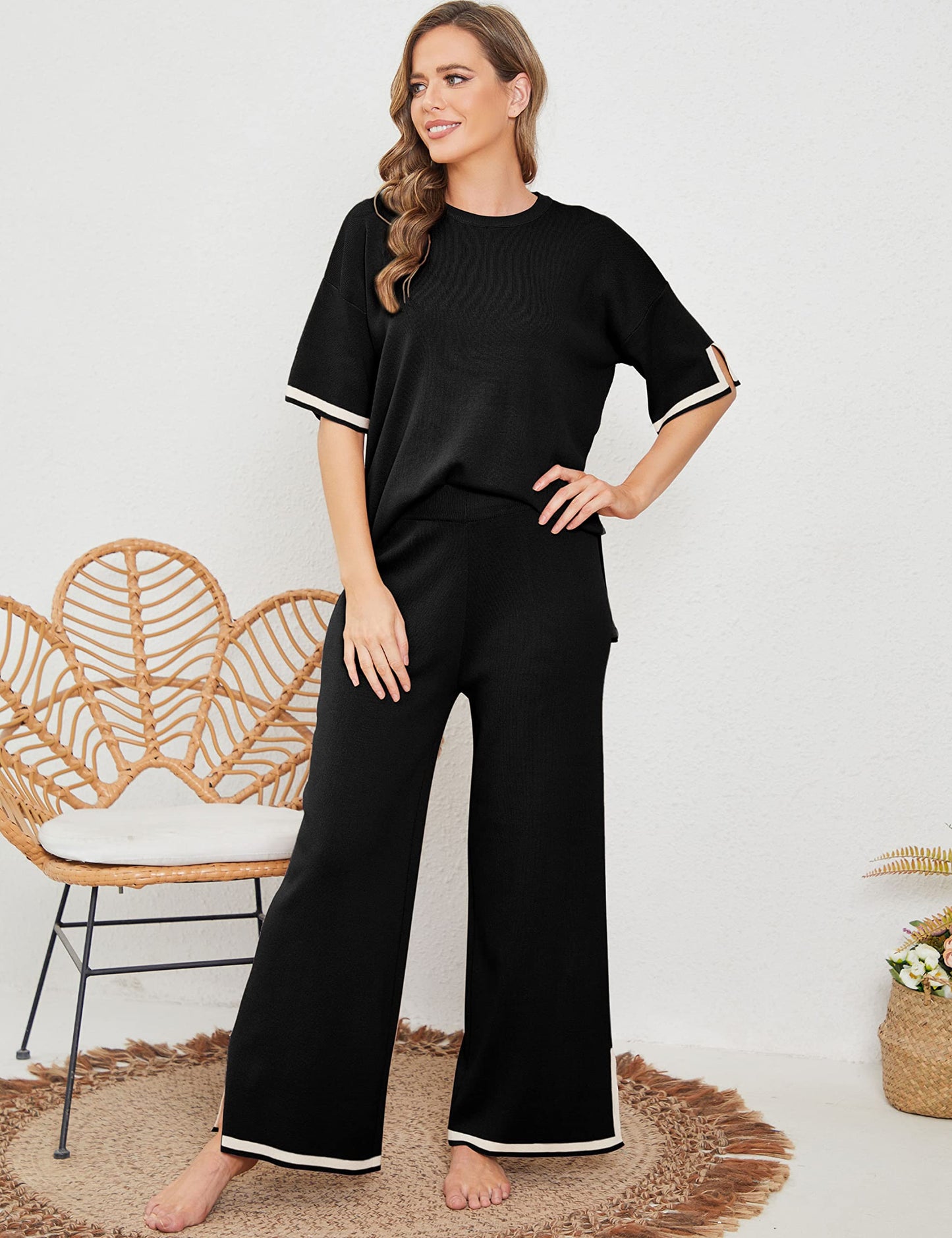 🔥 Set 2 piese – top tricotat + pantaloni largi. Lejer, respirabil, potrivit pentru plimbări, acasă sau vacanțe. ✅ Plată la livrare!