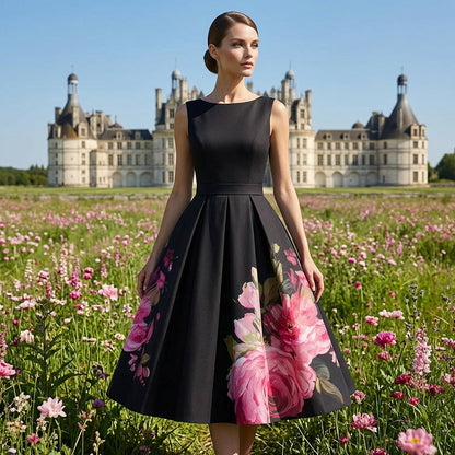 🌸 Rochie midi elegantă – croi în A, fără mâneci, imprimeu floral. ❤️ Plată la livrare. Adaugă în coș!