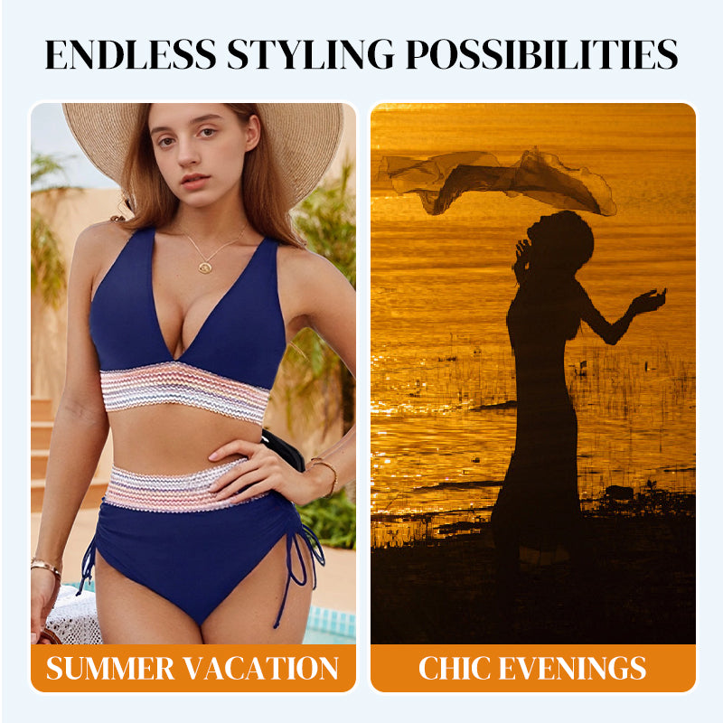 Bikini bikinis cu talie înaltă, bretele reglabile și blocuri de culori