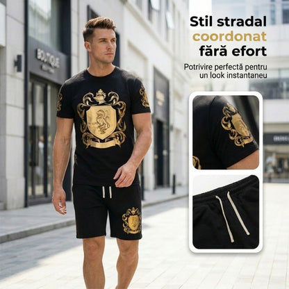 👕 Set tricou + pantaloni scurți cu imprimeu Gold Crest – stil premium pentru zilele tale de vară.