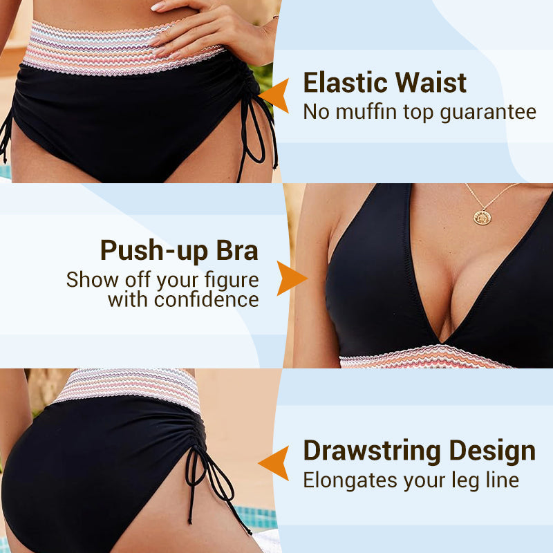 Bikini bikinis cu talie înaltă, bretele reglabile și blocuri de culori