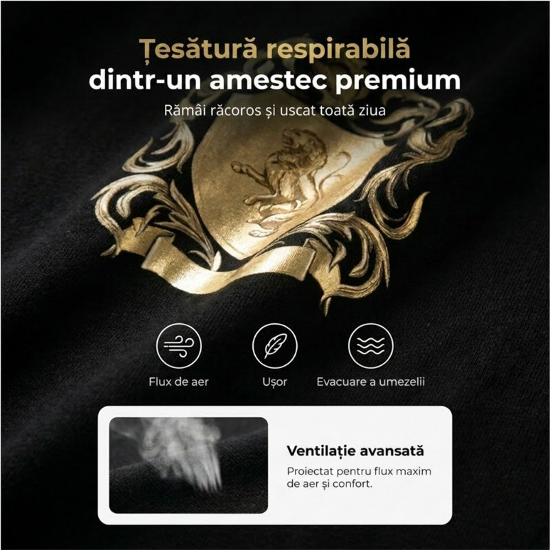 👕 Set tricou + pantaloni scurți cu imprimeu Gold Crest – stil premium pentru zilele tale de vară.