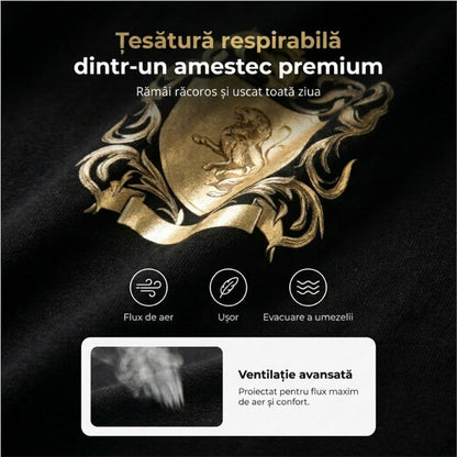👕 Set tricou + pantaloni scurți cu imprimeu Gold Crest – stil premium pentru zilele tale de vară.