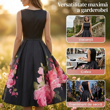 🌸 Rochie midi elegantă – croi în A, fără mâneci, imprimeu floral. ❤️ Plată la livrare. Adaugă în coș!