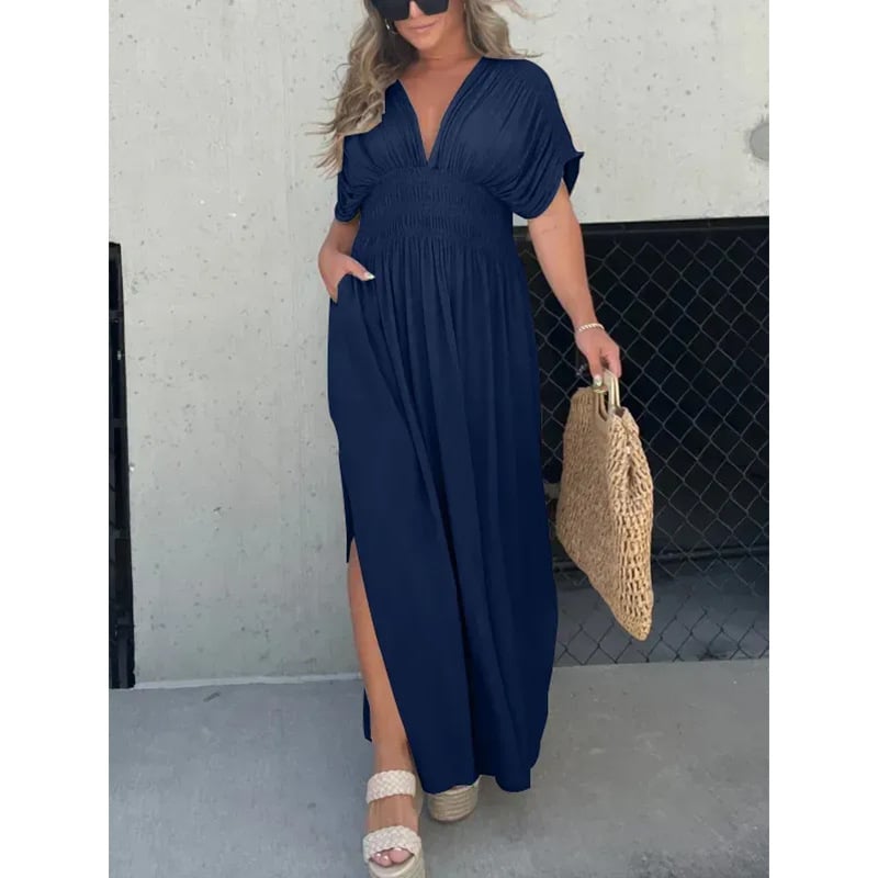 💃 Rochie ultra-lungă cu croială casual – decolteu în V, fante laterale, stil elegant și confortabil. ✨ Plată la livrare!