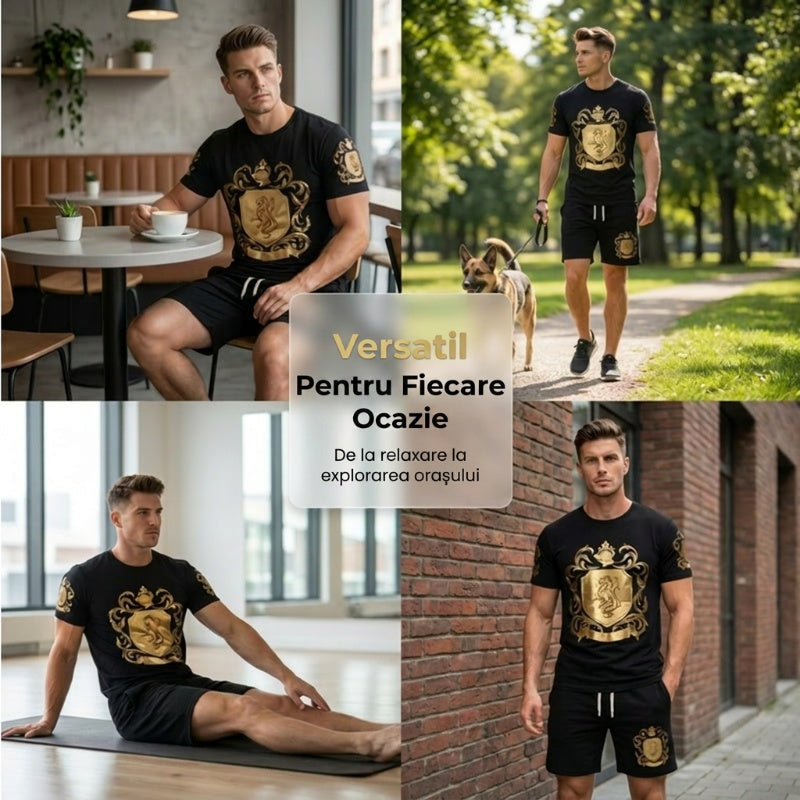 👕 Set tricou + pantaloni scurți cu imprimeu Gold Crest – stil premium pentru zilele tale de vară.