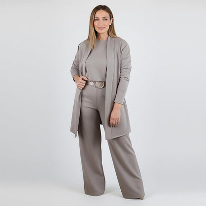 ⏰ Set elegant din 3 piese – cardigan lung, top și pantaloni. Stil complet, confortabil și rafinat! 💞 Plată la livrare!