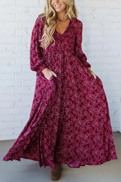 Ofertă specială de astăzi 49% reducere-💃Rochie lungă pentru femei, cu talie smocată, din rayon floral, căptușită