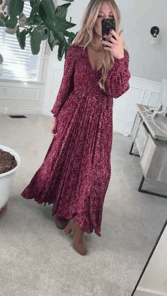 Ofertă specială de astăzi 49% reducere-💃Rochie lungă pentru femei, cu talie smocată, din rayon floral, căptușită