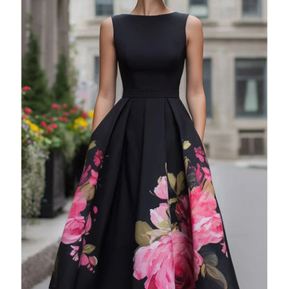🌸 Rochie midi elegantă – croi în A, fără mâneci, imprimeu floral. ❤️ Plată la livrare. Adaugă în coș!