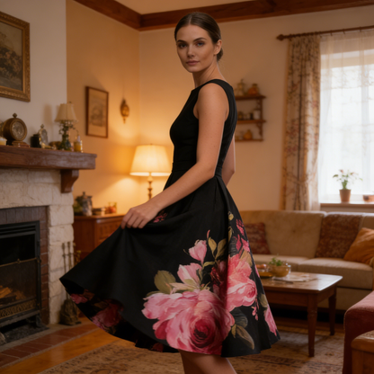 🌸 Rochie midi elegantă – croi în A, fără mâneci, imprimeu floral. ❤️ Plată la livrare. Adaugă în coș!