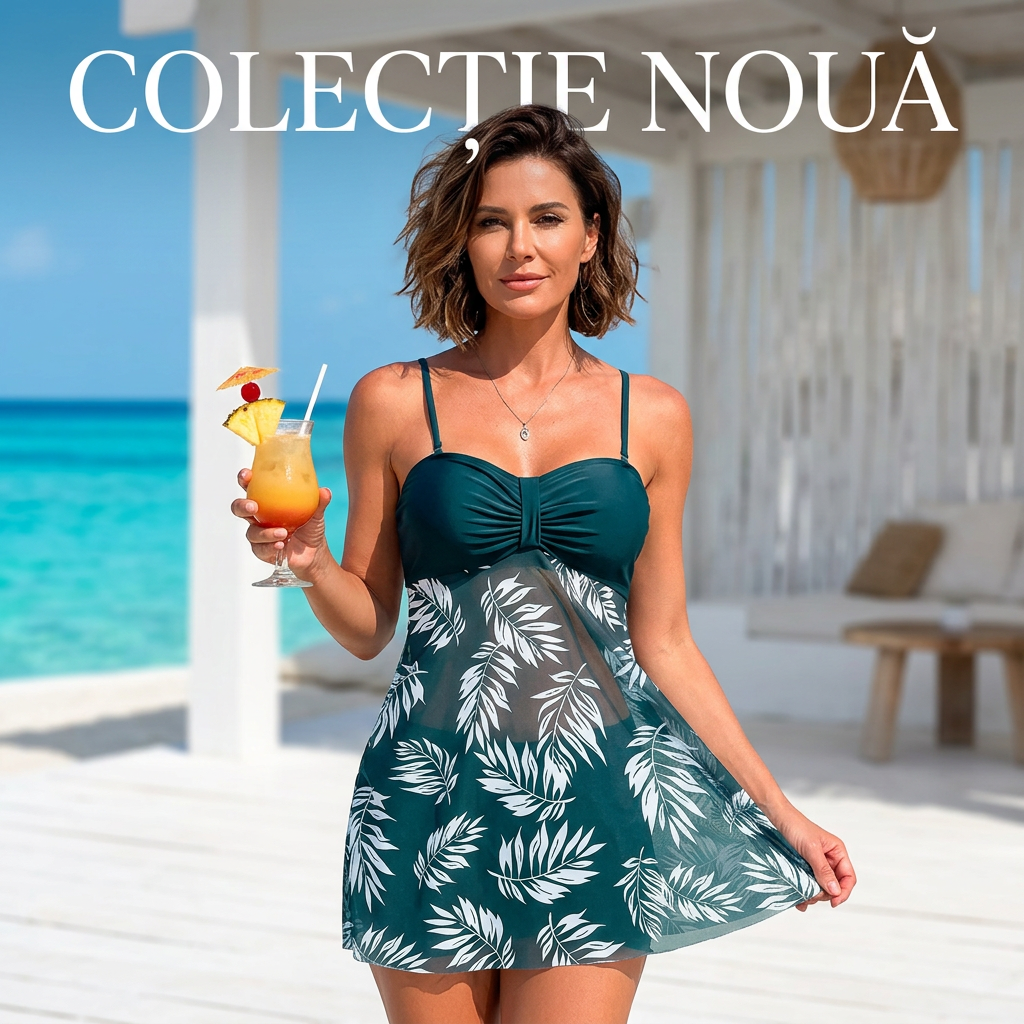 🔥 Set costum de baie două piese – halter cu imprimeu + pantaloni scurti! 🌴 Livrare rapidă în România – comandă acum!