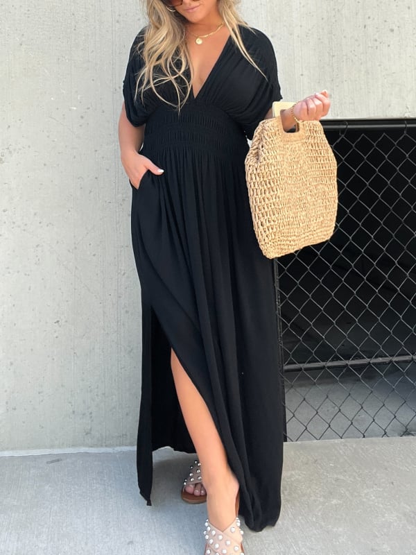 💃 Rochie ultra-lungă cu croială casual – decolteu în V, fante laterale, stil elegant și confortabil. ✨ Plată la livrare!