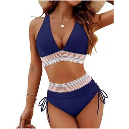 Bikini bikinis cu talie înaltă, bretele reglabile și blocuri de culori
